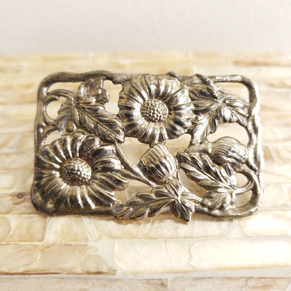 Vintage Floral Garden Brooch Leaves Sunflower Marigold Daisy